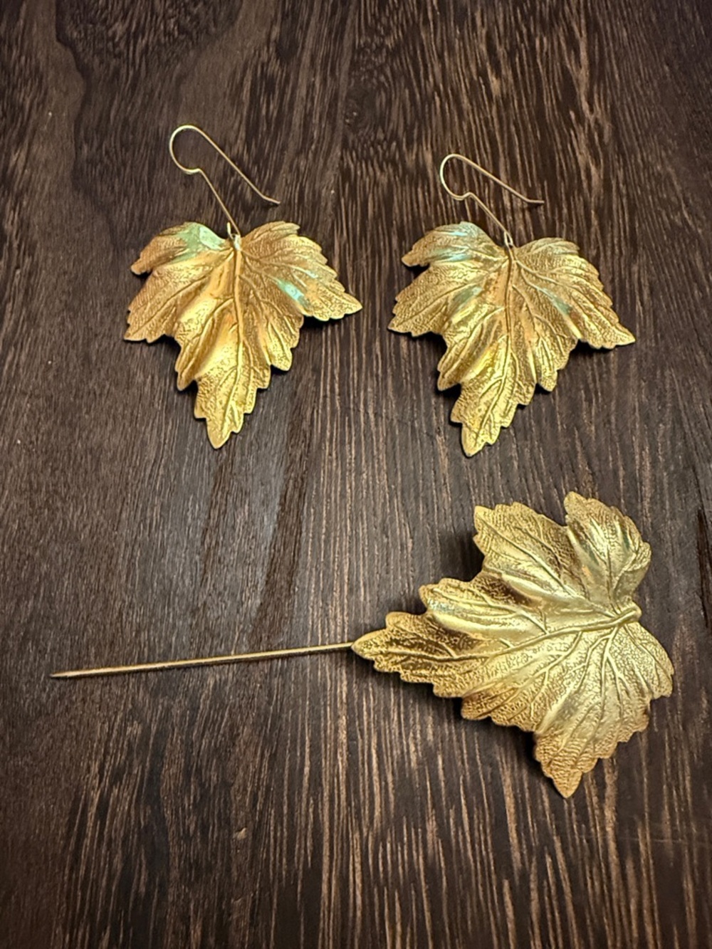 Vintage Gold Leaf Earrings and Hat Pin Set